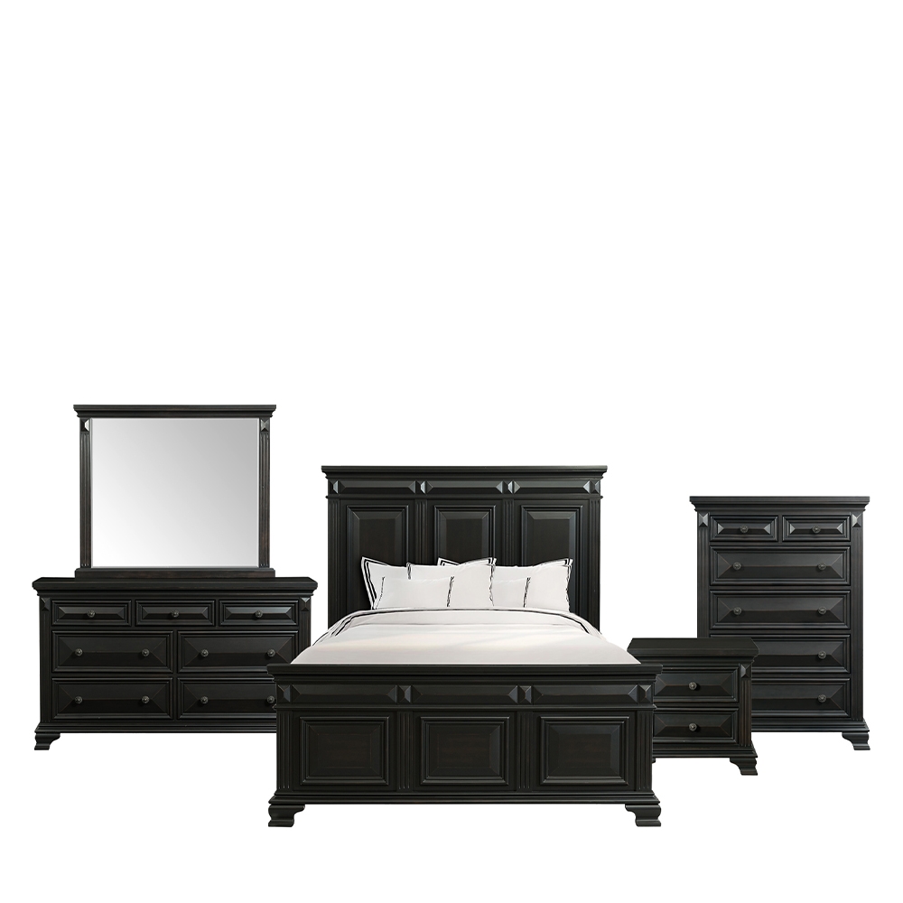 Calloway Black Five Piece Set with Queen Panel Bed ( Dr, Mr, Chest, NS and Bed ) | Ellesime International 
