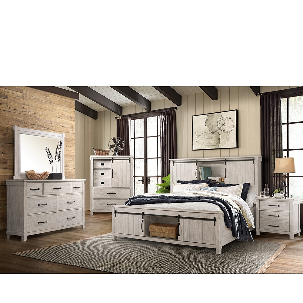 Ellesime International  | Scott White Five Piece Set with Queen Storage HB/FB Bed ( Dr, Mr, Chest, NS, and Bed )