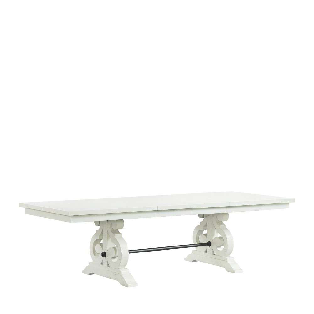 Stone White Dining Seven Piece Set ( Dining Table, Three Side Chairs, Two Parson Chairs, Pew Bench, Server ) | Ellesime International 