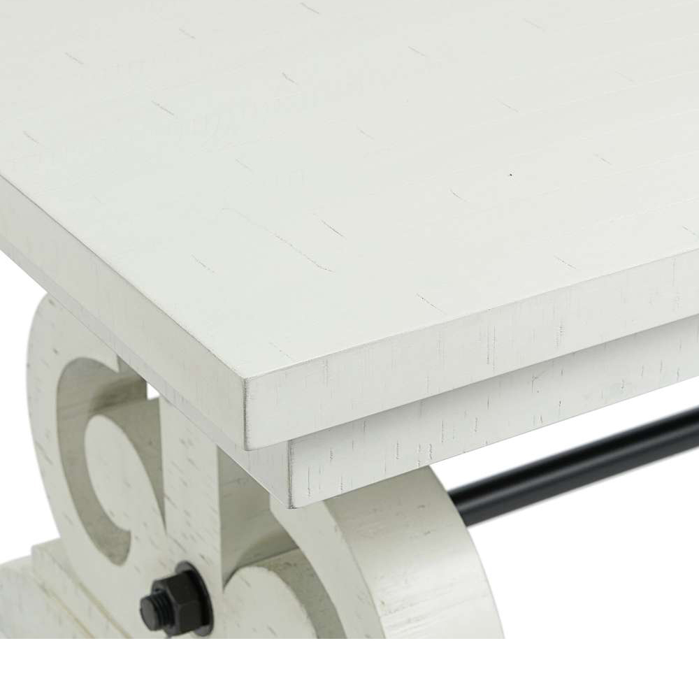 Stone White Dining Seven Piece Set ( Dining Table, Three Side Chairs, Two Parson Chairs, Pew Bench, Server ) | Ellesime International 