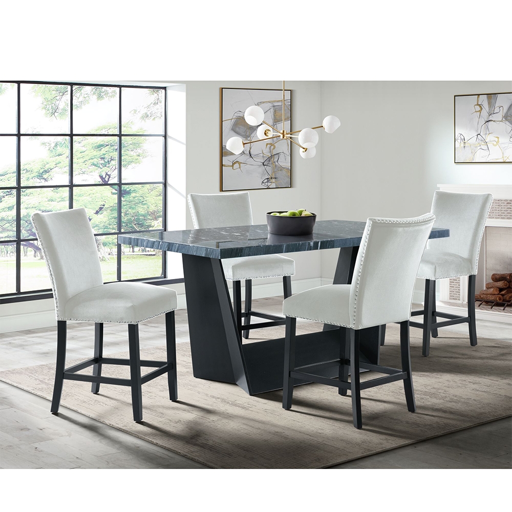 Ellesime International  | Beckley Dark Counter Seven Piece Set ( Dining Table, Grey Velvet Side Chairs )