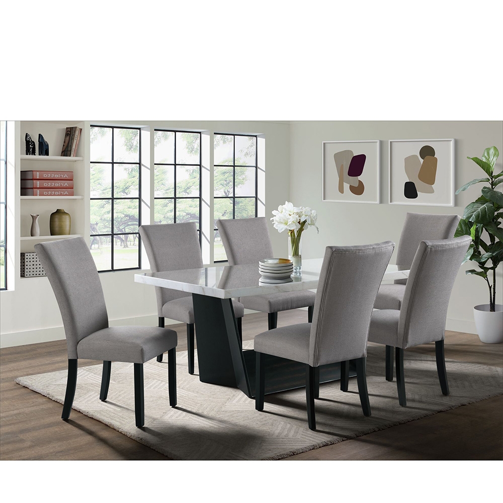 Ellesime International  | Beckley White Dining Seven Piece Set ( Dining Table, Six Dark Grey Linen No Nailhead Side Chairs )