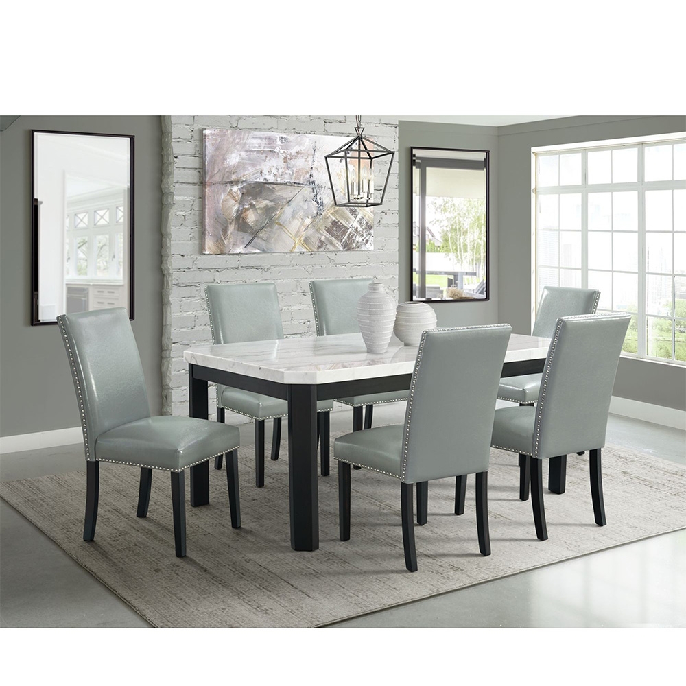 Ellesime International  | Francesca Rectangular Dining White Marble Seven Piece Set ( Dining Table, Six Grey No Nailhead Side Chairs )