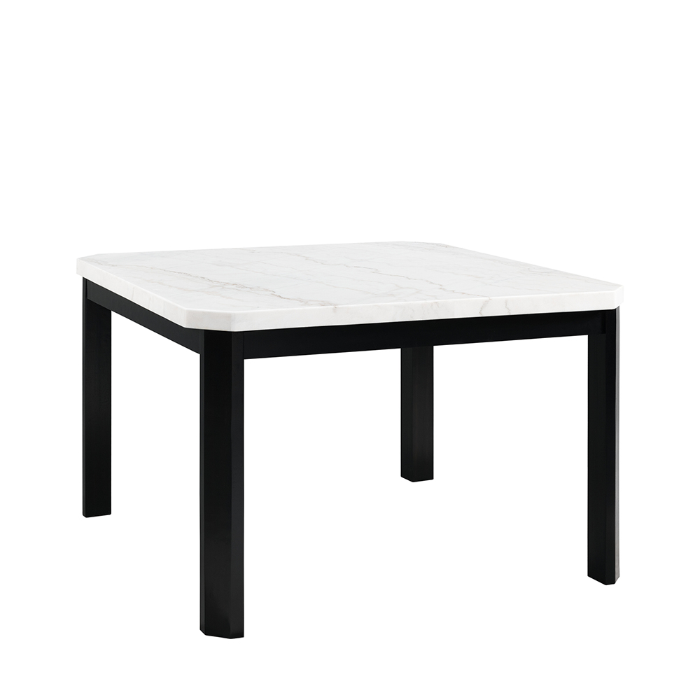 Francesca Square Counter Dining White Marble Seven Piece Set ( Dining Table, Six Blue Velvet Side Chairs ) | Ellesime International 
