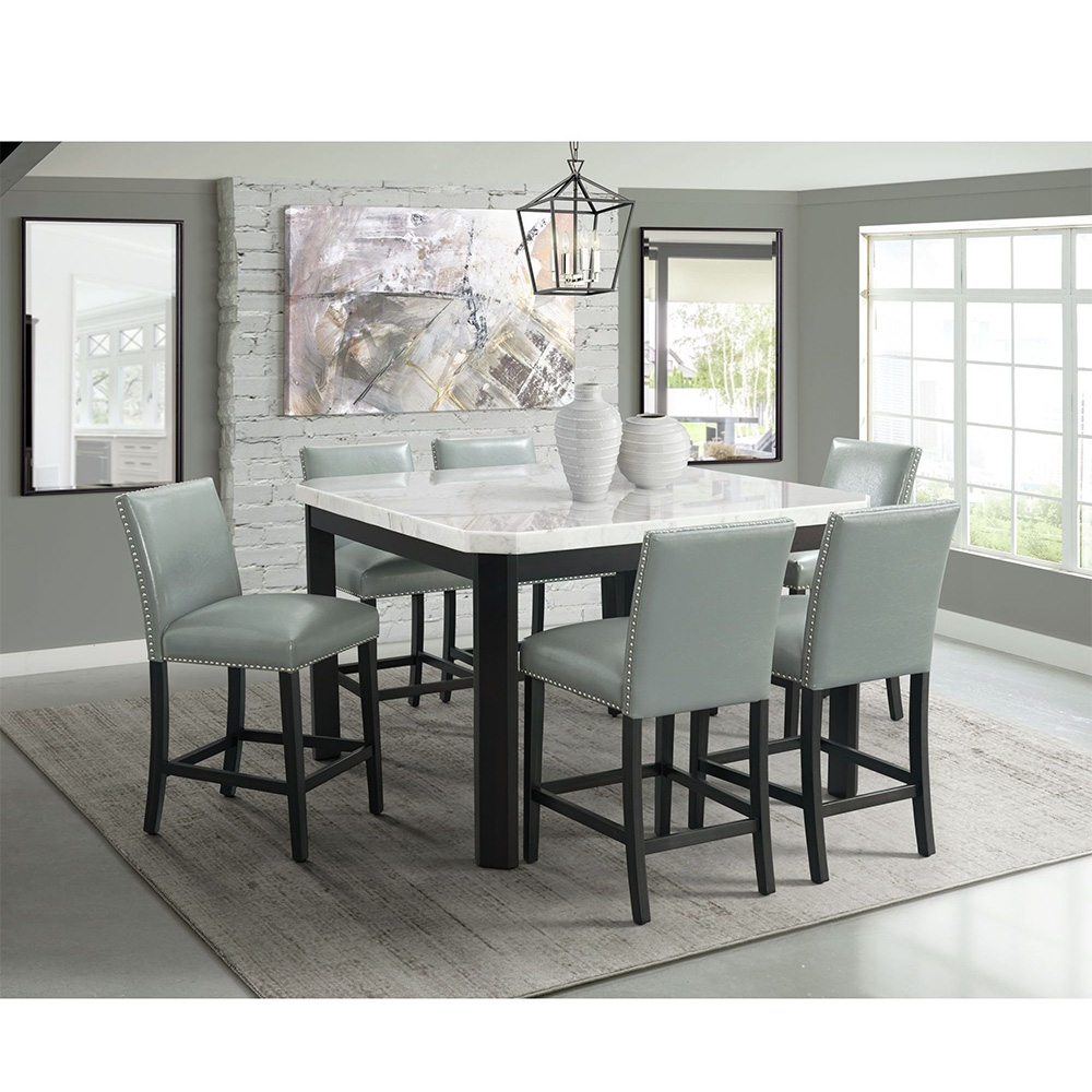 Ellesime International  | Francesca Square Counter Dining White Marble Seven Piece Set ( Dining Table, Six Grey Side Chairs )