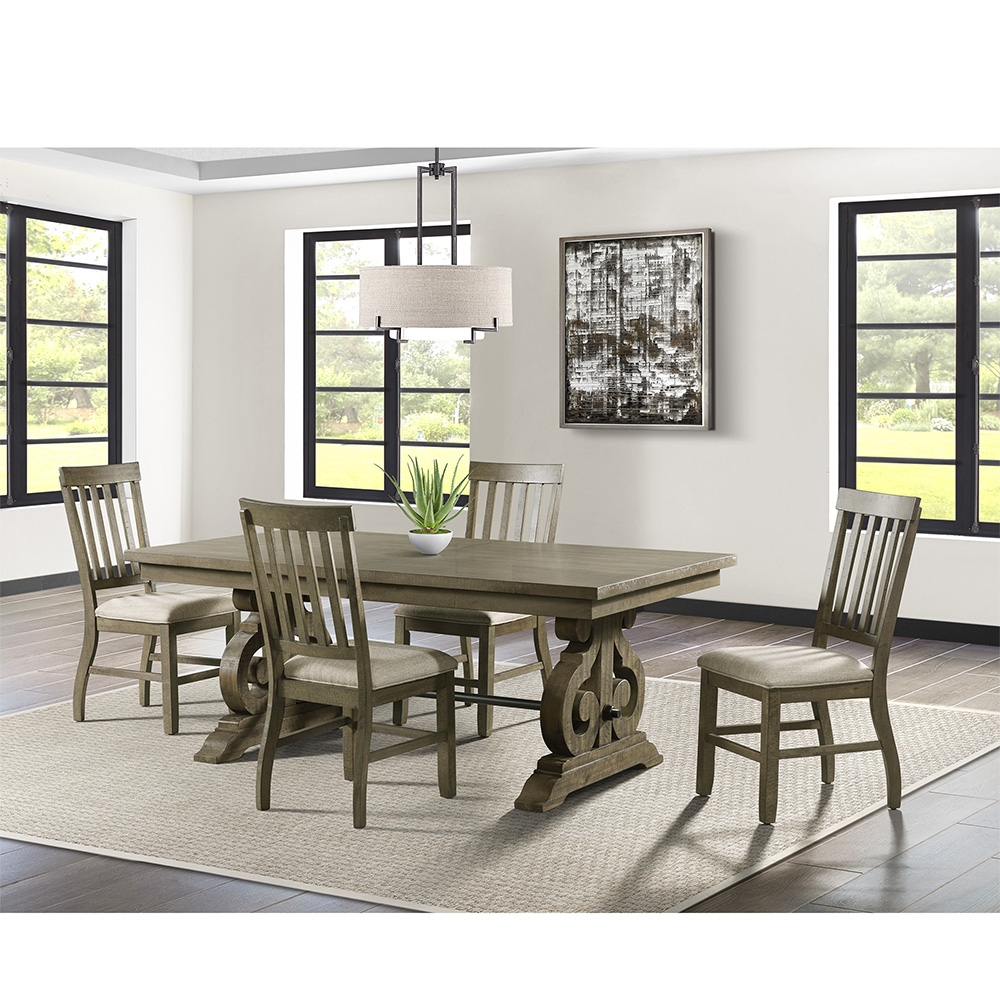 Ellesime International  | Stone Gray Dining Seven Piece Set ( Dining Table, Six Wooden Slat Back Side Chairs )