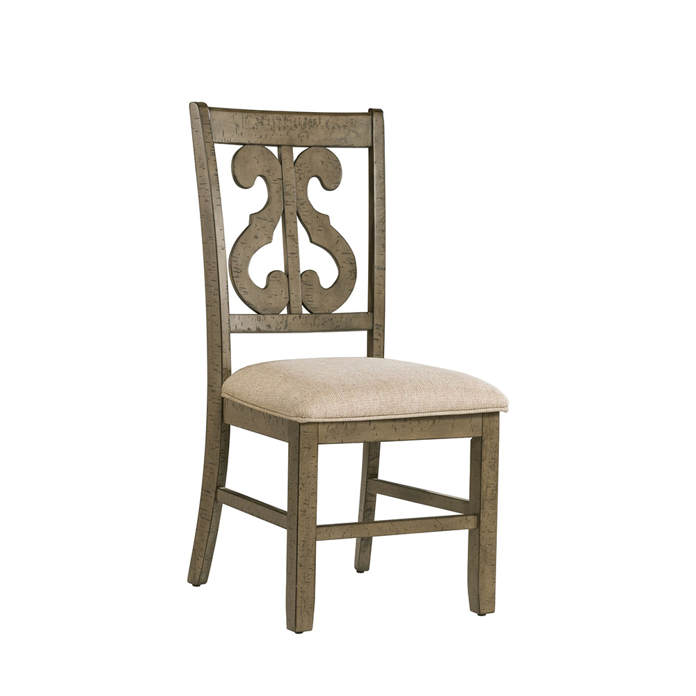 Stone Gray Dining Seven Piece Set ( Dining Table, Four Wooden Swirl Back Side Chairs, Two Parson Chairs ) | Ellesime International 