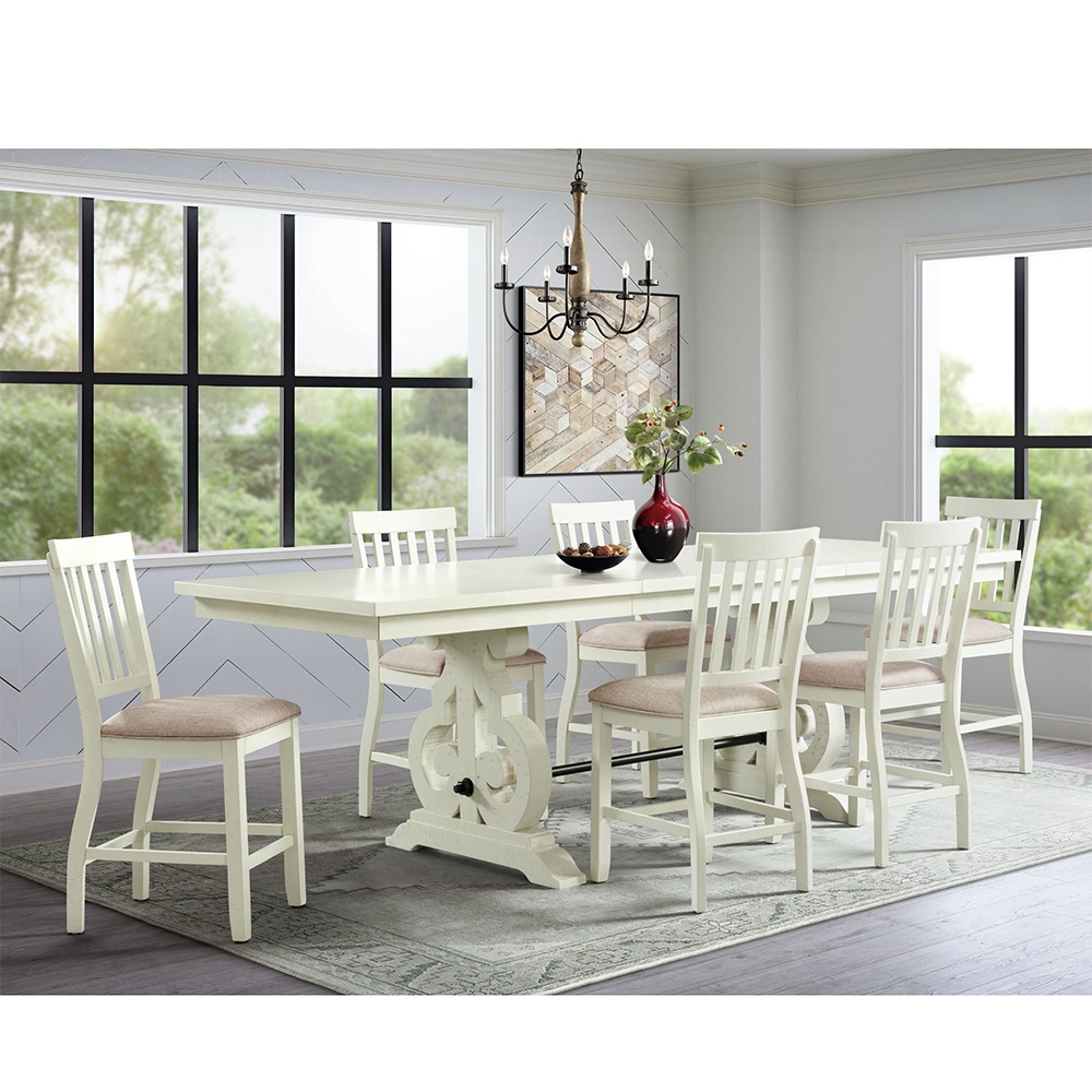 Ellesime International  | Stone White Counter Seven Piece Set ( Dining Table, Six Wooden Slat Back Side Chairs )