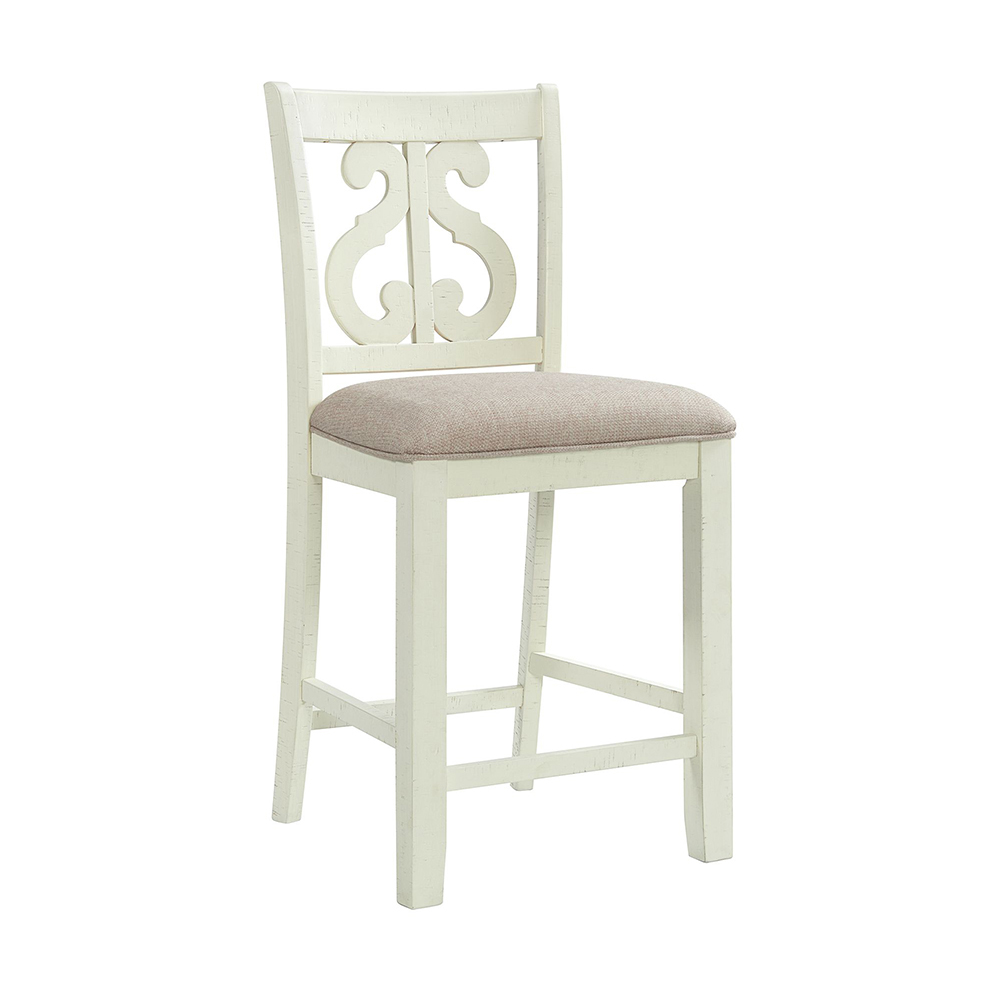 Stone White Counter Seven Piece Set ( Dining Table, Six Wooden Swirl Back Side Chairs ) | Ellesime International 