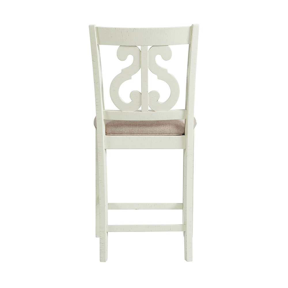 Stone White Counter Seven Piece Set ( Dining Table, Six Wooden Swirl Back Side Chairs ) | Ellesime International 