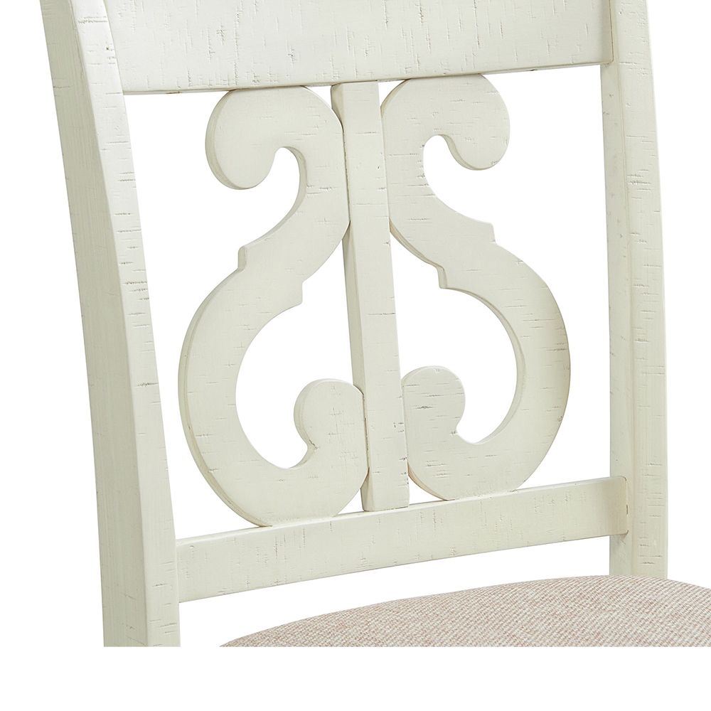 Stone White Counter Seven Piece Set ( Dining Table, Six Wooden Swirl Back Side Chairs ) | Ellesime International 