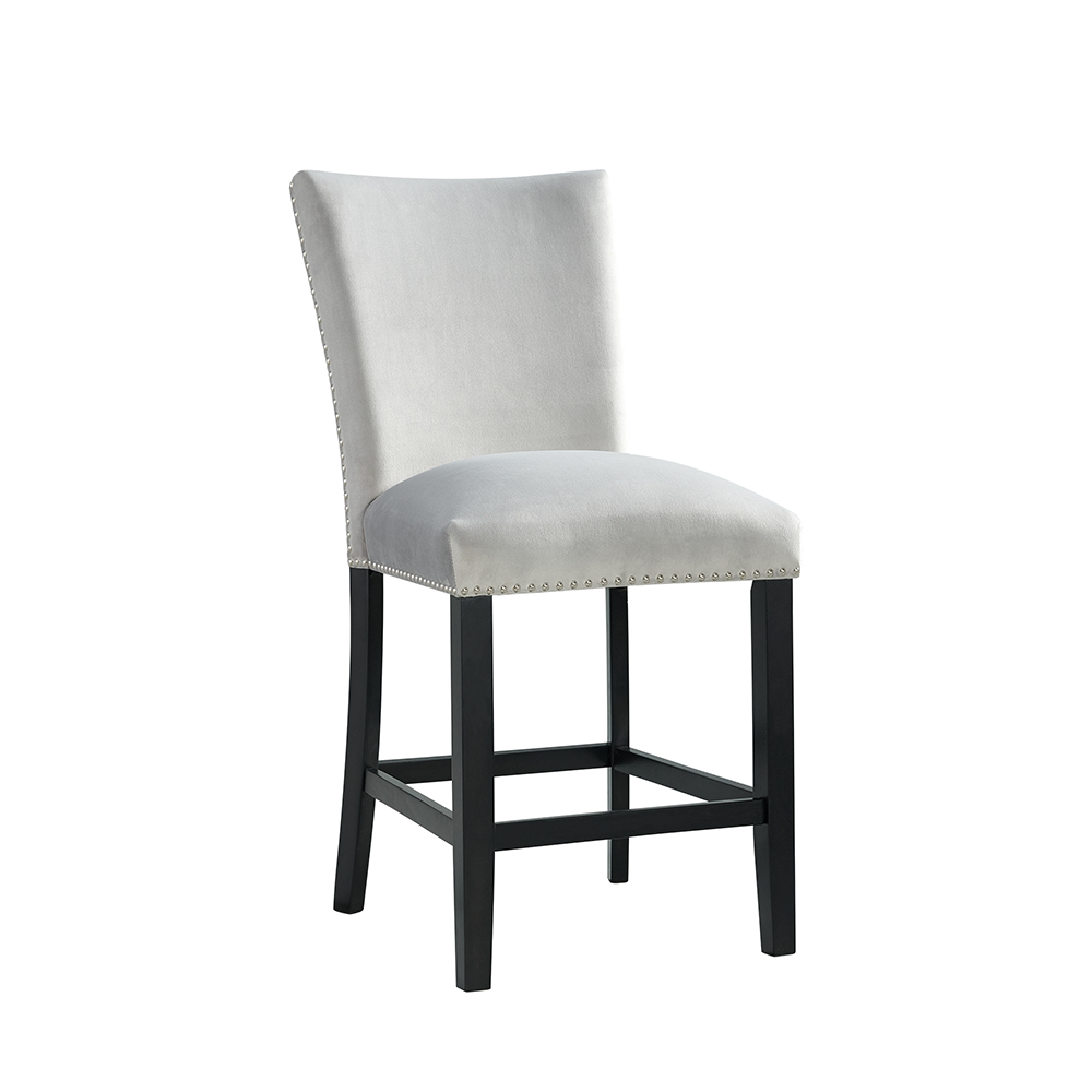 Valentino White Marble Counter Seven Piece Set ( Counter Table, Six Grey Velvet Side Chair ) | Ellesime International 