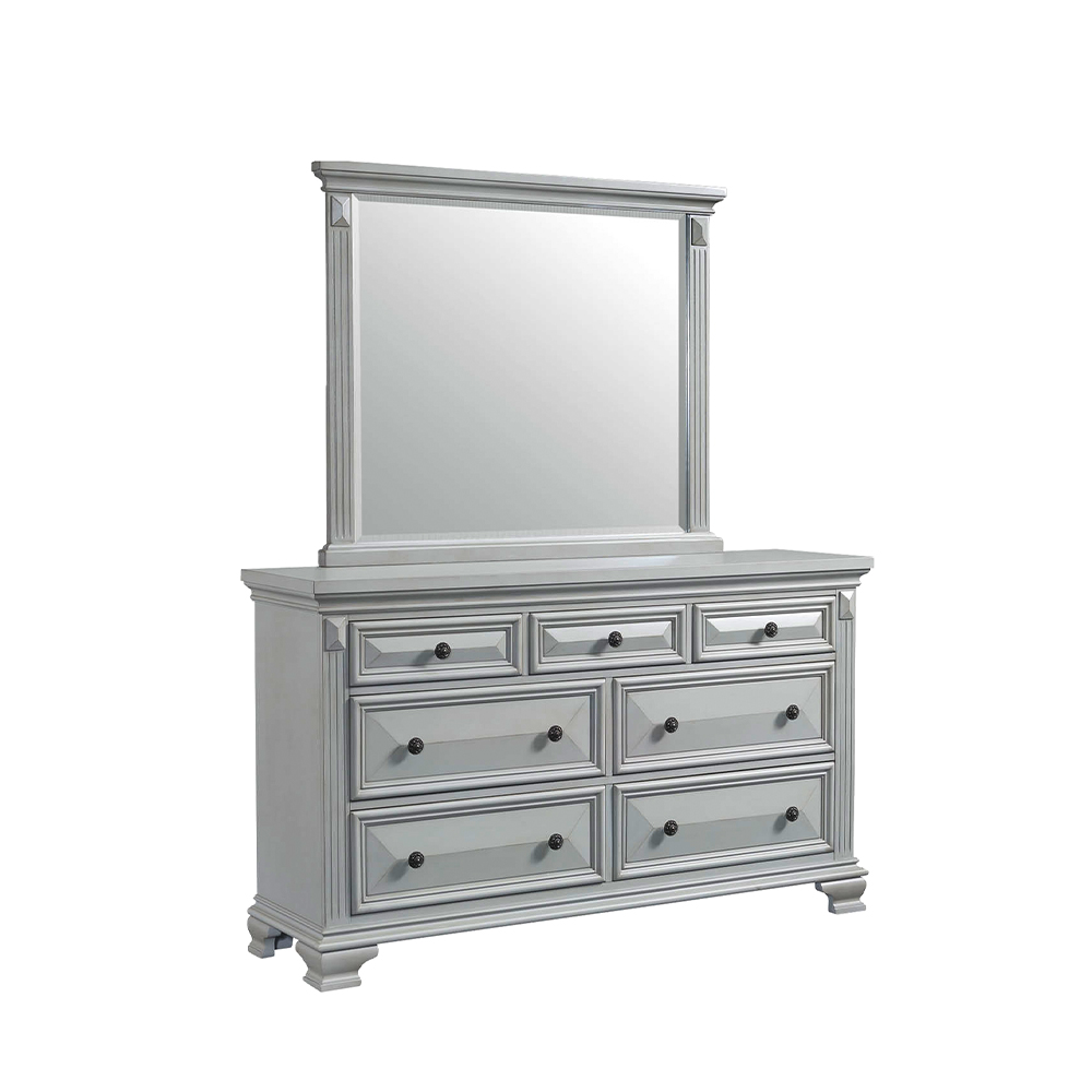 Calloway Grey Three Piece Set with Queen Panel Bed ( Dr, Mr, and Bed ) | Ellesime International 